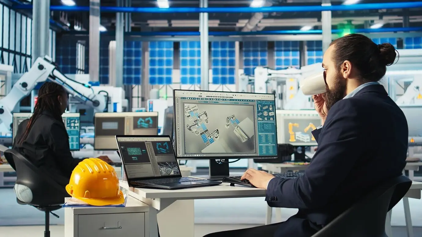 Работник фотовольтаического завода контролирует производительность системы, попивая кофе.