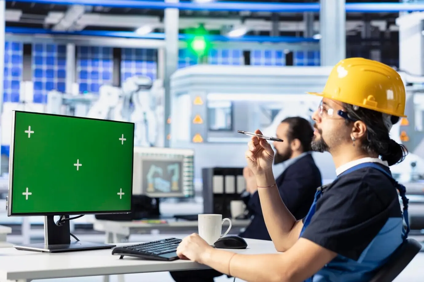 Техник использует ПК с зелёным экраном для мониторинга завода по производству солнечных панелей.