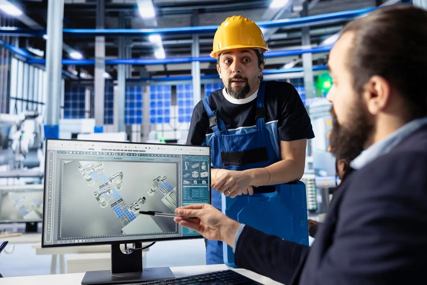 Менеджер на фотовольтаическом заводе разговаривает с рабочим, указывающим на экран ПК.