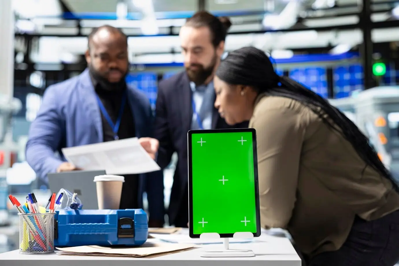 Члены команды в костюмах контролируют работу фабрики рядом с зеленым экраном.